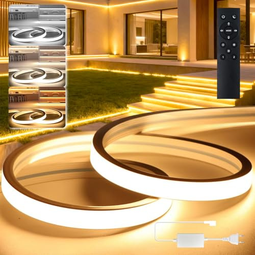BRIMETI LED Streifen Dimmbar Aussenbereich 230V Neon LED Strip 2M Wasserdicht Lichtleiste IP65 Warmweiss/Neutralweiß/Weiß Band Aussen Schlauch Silikon 120LED/M Outdoor mit Netzteil Fernbedienung