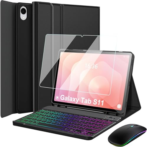 Nanhent Funda con Teclado Español Ñ para Samsung Galaxy Tab S11 2025 11'' SM-X736B/SM-X730, 3-Zonas 7 Colores Retroiluminado Teclado Inalámbrico, Protector de Pantalla, LED Bluetooth 2.4G Mouse Ratón