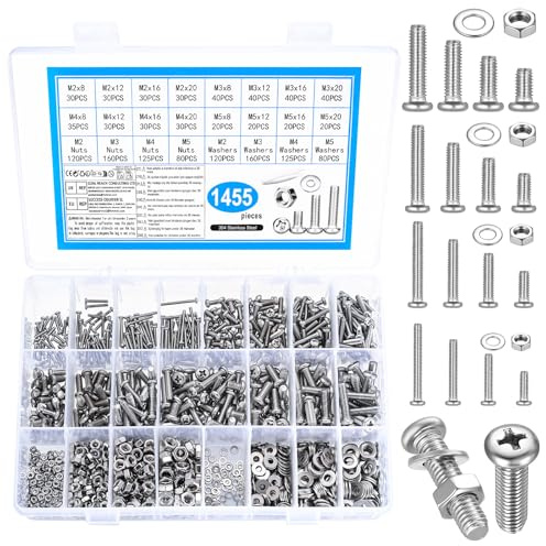 1455 PcsTornillos M2 M3 M4 M5, Juego de Tornillos con Tuercas, Tornillos de Cabeza Redonda en Cruz y Tuercas y Arandelas, Tornilleria de Acero Inoxidable