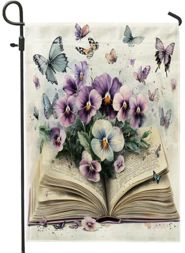 Banderas de jardín de pensamiento de primavera de 12 x 18 pulgadas de doble cara para exteriores, divertidos libros, flores, mariposas, banderas de lona estándar para casa, banderas florales para