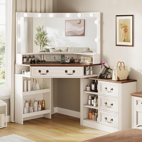Vabches Corner Vanity Desk with 3 Way Mirror and Lights, 43W Modern Farmhouse Corner Makeup Vanity with Charging Station, Vintage Metal Handle, White Dressing Table with 4 Drawers and Storage Shelves