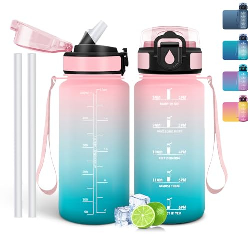Mulbijeo Botella Agua 500 ML, Botella Agua Gimnasio sin BPA con Marcador de Tiempo, Plastico Deportiva Motivacional, con Pajita