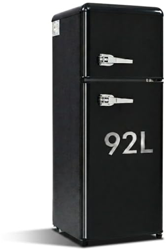 Lahoomu Retro-Kühlschrank, Kühl-Gefrier-Kombination, 92 Liter (mit 28 Liter Gefriervolumen), 116 kWh/Jahr, 105.5 cm hoch, Zweitürig, -27°C ~13°C, LED-Licht, Schwarz