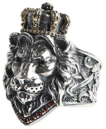 QHQQXN Tvåfärgad 925 sterling silver lejonhuvud med kronring för män öppen justerbar