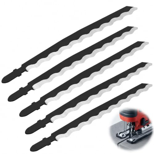 5Pcs Jig Saw Blades, 2608635187 T-Shank T313AW 152mm HCS for Soft Materials | Wave-Ground Serrated Edge for Cardboard, Leather, Carpet, Rubber and Soft Plastic, Fits Most T-Shank Jigsaws