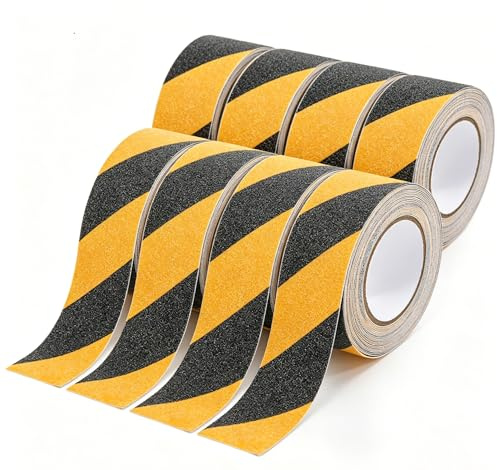 Hanured Cinta Adhesiva Antideslizante,8 rollos de 10 m x 50 mm, negro y amarillo,Cinta Autoadhesiva De Advertencia,Seguridad para Exteriores y Interiores