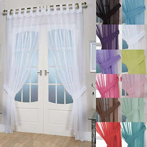 John Aird Pair Of Woven Voile Tab Top Curtain Panels. Tiebacks Included (White, 58 Wide x 90 Drop)
