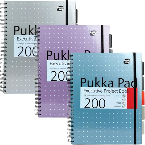 Pukka Pad, A4+ Metallic Executive Project Book – 22.5 x 29.6cm – 200 Page Hardback Wirebound Notebook with 8mm Lines and 80GSM Paper – Includes Repositionable Dividers with Pocket - 200 Pages, Pink