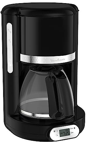 Moulinex Cafetière filtre programmable 24h, Design noir vintage, Capacité 1,25 L, 10 à 15 tasses, Porte-filtre pivotant, Maintien au chaud 30 min, Verseuse verre, Soleil FG380B10