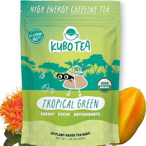 High Caffeine Tea (155 mg) - Kubo Tea: Organic Tropical Green Tea Bags for Clean Energy & Focus | Healthy Coffee Substitute | Refreshing Caffeine Blend | 20 Ct | Compostable Packaging
