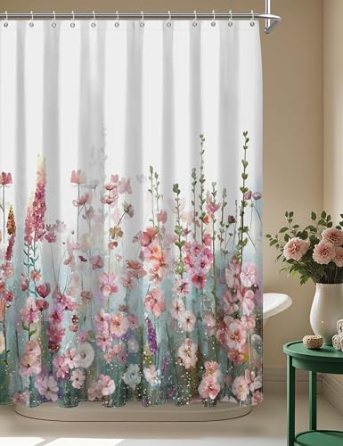 SUMGAR Blume Duschvorhang 180x180 Rosa Badezimmervorhänge Polyester Wasserdicht Badevorhang mit 12 Haken, Waschbar und Schnell Trocknend Duschvorhang Bunte Blüte mit grünem Pflanze