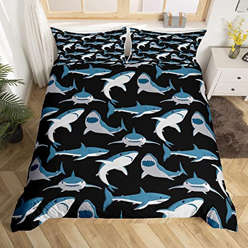 Juego de Ropa de Cama de Tiburones de Dibujos Animados niños,de Peces Marinos,Individual 1 Funda de Almohada