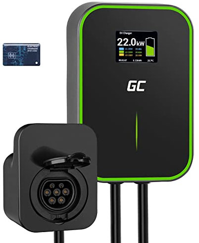 Green Cell GC PowerBox Wallbox 22kW RFID Caricabatterie per Auto Elettriche EV Tipo 2 Presa Display LCD Compatibile con Model 3/S/X/Y, 500e, e-208, ID.3, ID.4, Zoe, EV6, Mach-E, Megane E-Tech, ForTwo