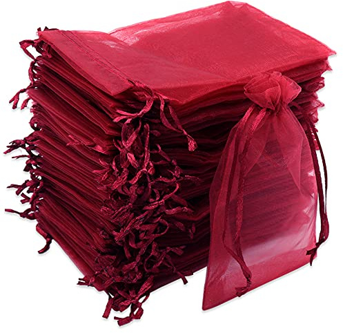 Leeyunbee 100PCS 10 x 15 cm Wine Red Organza Bags, Organza Gift Bags, Candy, Wedding Favour & Jewelry Pouches with Drawstring for Wedding, Birthday, Christmas & Anniversary