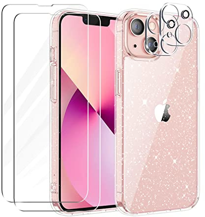 Tikgue Kompatibel mit iPhone 13 Hülle mit 2 Stück Displayschutzfolie und 2 Stück Kamera Schutzfolie, 360 Grad Handyhülle Glitzer Transparent Silikon Schutzhülle Slim Weich TPU Case - Clear