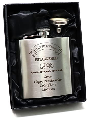 Personalised Engraved Silver Hip Flask in Silk Gift Box for 18th Birthday | 21st Birthday | 30th Birthday | 40th Birthday | 50th Birthday | 60th Birthday | - Established Birthday Design