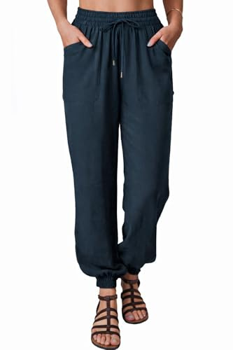 Nuofengkudu Womens Baggy Cuffed Harem Pants with Pockets Drawstring Hippie Ankle Tapered Comy Plain Trousers Genie Pantaloons Lounge Wear Yoga Solid Work Summer Bottoms Casual Pyjamas-Navy Blue-M