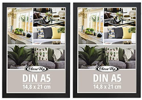 Close Up Bilderrahmen 2er Set DIN A5 (14,8 x 21 cm) | Holzdekor (MDF) schwarz mit Rückwand und Aufsteller | PVC-Scheibe (unzerbrechlich) Profilbreite 15 mm