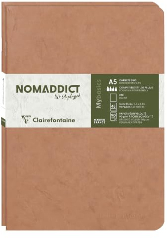 Clairefontaine 733186C Collection Nomaddict (ex Age Bag) Lot de 2 Carnets Agrafés Duo Tabac - A5 15,8x21 cm - 96 Pages Unies Blanches - Papier 90 g - Couverture Carte Lustrée Grain Cuir