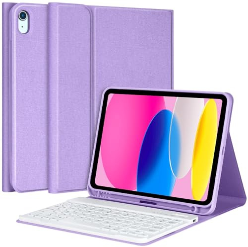 aMZCaSE Keyboard Case for iPad 10th 2022/A16 11th Generation 2025(10.9/11 inch) Detachable Folio Keyboard Cover with Wireless Rechargeable Bluetooth Keyboard Pencil Holder(Purple)