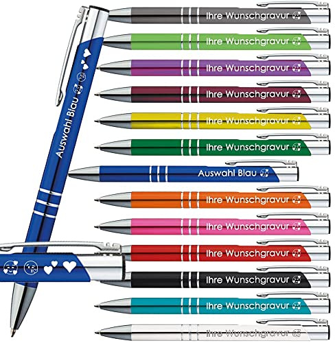 Generisch 50x Kugelschreiber mit Gravur | Emojis Gravur | Auswahl 13 Farben | Personalisierte Werbekugelschreiber mit Wunschgravur | (Blau, 50 Stück)