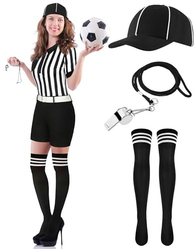 Didaey 5 Pcs Referee Costume for Women Carnival Ref Uniform with Belt Hat Whistle Yellow Penalty Flags Long Socks(X-Large)
