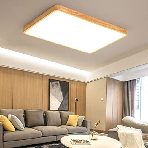 Rechteckige Deckenleuchte Büro Holz Vintage Wohnzimmerlampe Dimmbar LED Warmweißes/Warmes/Kaltweiss Licht Deckenlampe Esszimmer Holzlampe Modern Schlafzimmer LED Beleuchtung mit Fernbedienung 60*40cm