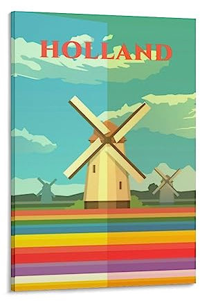 Holland Windmühle Vintage Reiseposter Landschaft 40 x 60 cm Wandkunstdruck Leinwand Kunst Poster Modern Familie Schlafzimmer Dekor Poster