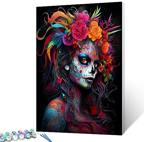 Tucocoo Sugar Skull Woman Portrait Lack nach Zahlen Kits 40x50 cm Leinwand DIY -Ölgemälde für Kinder, Studenten, Anfänger von Erwachsenen mit Pinsel und Acrylpigment Graffiti (DIY Rahmen)