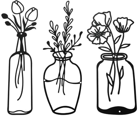 bowarepro 3 Stück Metall Blume Wanddekor Minimalistische Vase Blumen Wandkunst Wandskulptur für Terrasse Balkon Wohnzimmer Badezimmer Schlafzimmer Esszimmer Küche (Schwarz)