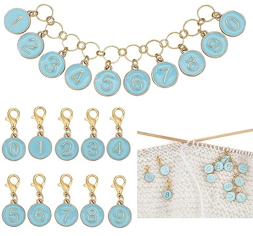 BENECREAT 11 Stück Legierungs-Emaille-Nummer, 0~9 Strickreihe-Zählerketten Und Blaue Emaille-Charm-Maschenmarkierungen Mit Karabinerverschlüssen Zum Stricken, Weben, Nähzubehör