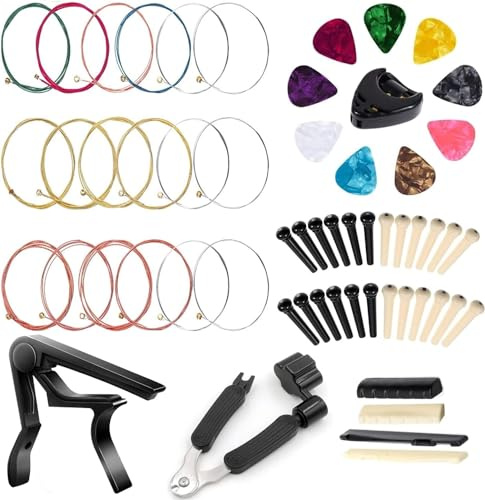 Guitar Accessories Kit - Acoustic Guitar Strings, Capo, 3-in-1 Restring Tool, Picks, Picks Box, Bridge Pins, Nuts & Saddles (58 Pcs)