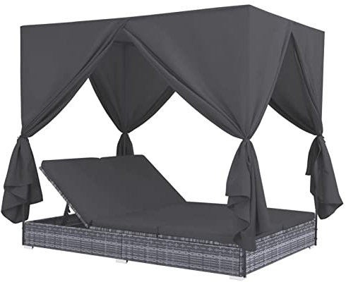 Gecheer Outdoor-Lounge-Bett mit Vorhängen Sonnenliege 2 Personen Gartenliege Poly Rattan Sonneninsel mit Sonnendach Garten Sofa Lounge Liege Set Doppelliege Sonnenbett Doppelbett Gartenmöbel Grau