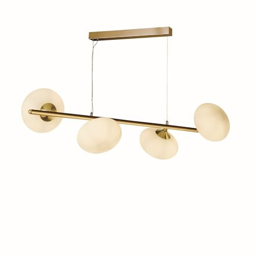 Licht-Erlebnisse Hängelampe Esstisch 76 cm lang H: max. 1,2 m verstellbar in Messing matt Weiß Metall Glas 4-flammig G9 Jugendstil Pendelleuchte Esszimmer