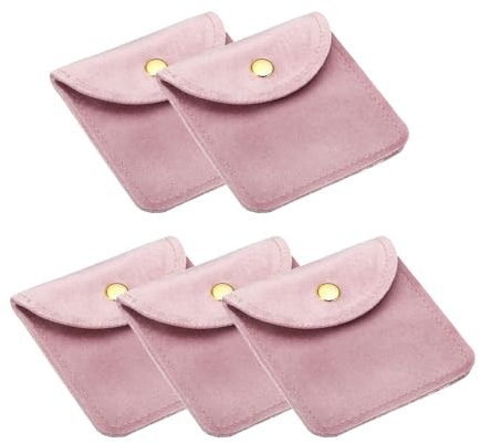 PATIKIL Pochettes à Bijoux de 8x8 cm avec Bouton Pression Lot de 5 Pochettes en Velours pour Rangement Portable de Collier Bracelet Boucle D'Oreille Montre Bagues Broche Couleur Rose