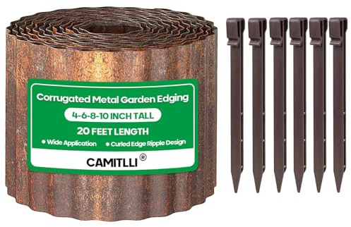 Camitlli Garteneinfassung, stabile Landschaftseinfassung für Hochbeete und hohe Rabatten mit 4 Gartenankerpfähle, gewellte Garteneinfassung für Rasen, DIY-Blumenbeete, 20,3 x 6,4 m