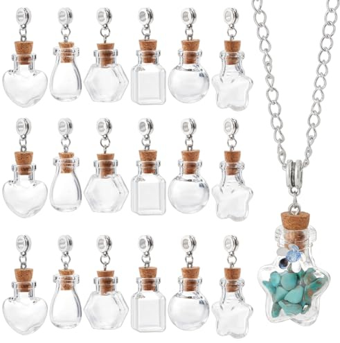 AHANDMAKER 18 Stück Wunschflasche Aus Glas Mini Anhänger Aus Glasflaschen 6 Stile Europäische Anhänger Wunschflasche Aus Glas Mit Korken Für Die Herstellung von DIY Schmuck.