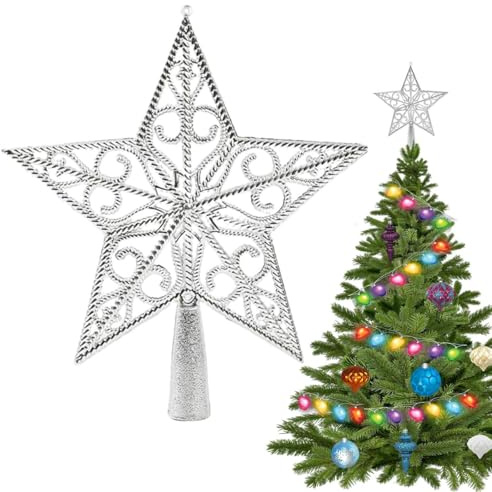 Weihnachtsbaumspitze Stern, Vintage Leicht Klassisch Kunststoff Ausgehöhlt Weihnachts Dekoration Stern, Sterns für Weihnachtsbaum-Spitze, Ideale Christbaumspitze Dekoration Ornament (Silber)