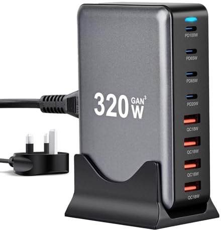 320W USB C Fast Charger Block,8 Port PD Charging Station Hub Brick for iPhone 15/14 iPad Series,Laptop Charger Power Adapter Compatible with MacBook Pro/Air,Steam Deck,Dell XPS,Galaxy S23 etc