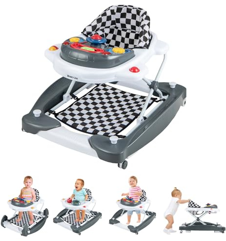 GOPLUS 6 in 1 Lauflernwagen, Lauflernhilfe faltbar mit Rädern, Baby Walker mit Fußkissen, Lichtern, Musik, Spielzeug & 3 verstellbare Höhen, Gehfrei für Baby ab 6 Monate, belastbar bis 12KG (Grau)