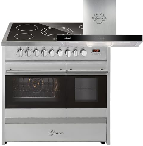 GURARI Elektrisk stående spis GCH E 912 DF X+GCH F 462 IS 9 Prime, elektrisk stående spis 90 cm med 1-vägs teleskoputdrag, dubbelugn + köksfläkt 90 cm
