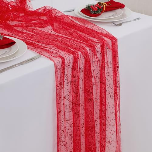 Snowkingdom Red Christmas Table Runner 10 FT, Glitter Metallic Foil Sheer Tulle Cheesecloth Gauze Runner 120 Inch, Red Table Centerpieces Decoration for Wedding Birthday Party Holiday