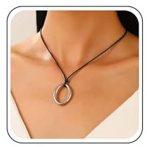 Inilbran Boho Leather Choker Necklace Black Leather Cord Choker Necklace Vintage Circle Pendant Necklace Gothic Leather Suede Necklace Short Leather Circle Necklace for Women(Silver)