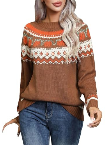 Pull thermique à manches longues en crochet pour femme - Imprimé citrouille - Manches longues - Pull en tricot à col rond - Pull décontracté pour l'automne et Halloween, Orange, S