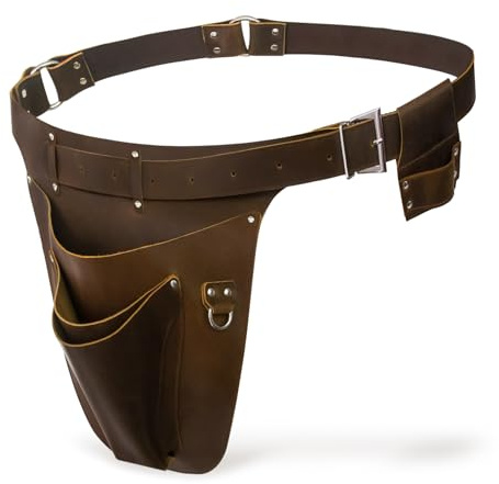 iSamzan Leather Garden Tool Belts for Men - Gardeners Gifts for Women, Small Tool Belt for Florists, Electrician, Carpenter, Flower Farmer, Landscaper with Hammer Holder - Right, brown