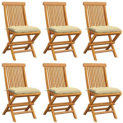 ShGaxin Gartenstühle mit Cremeweißen Kissen, Gartenmöbel, Balkonstühle, Hochlehner, Balkonmöbel, Bistrostuhl, Garten Stühle, Sit Möbel, Armlehnenstuhl, 6 STK. Massivholz Teak