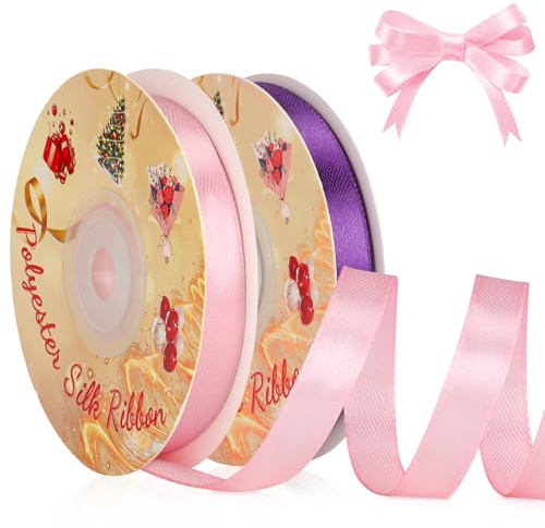 VynyQoo 2 Rotoli da 10mm Largo Nastro Di Raso, Rosa e Viola, 22M Lato Singolo Nastro Regalo, Nastri Per Decorazioni, Per Matrimonio, Compleanno, Decorazione Della Torta