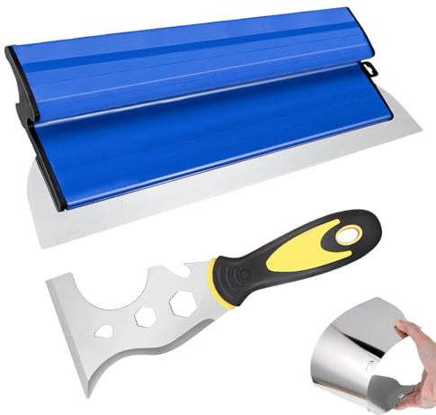 Spatola per Stucco Set, 40 cm Spatole in Acciaio Inossidabile, Strumento per Stuccare 13 in 1, Lama Scrematura Cartongesso con Lmpugnatura a Z, per Intonacare Pareti e Soffitti(Blu)