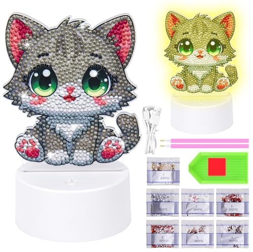 Zoyomax Diamond Painting Veilleuse, cadeaux pour adultes, 3D Creative Diamond Painting Lampe Chat gris, cadeau d'anniversaire de Noël
