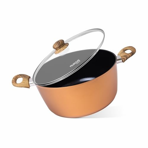 Non Stick Cooking Pots with Glass Lid – 7.4 Quart Induction Hob Stock Pot – Kitchen Deep Casserole Cookware – 28cm, Copper – by Nuovva